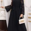 Women's Plus Size Curve Prom Dress Party Dress Wedding Guest Dress Long Dress Maxi Dress Black Long Sleeve Pure Color Lace Up Fall Winter Autumn Crew Neck Fashion Evening Party Wedding Guest