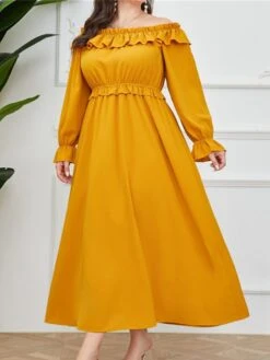 Women's Plus Size Prom Dress Party Dress Wedding Guest Dress Long Dress Maxi Dress Yellow Long Sleeve Pure Color Ruffle Fall Winter Autumn Off Shoulder Fashion Winter Dress Evening Party Wedding Guest -HAYz Clothing Shop cnkabh1693535309190