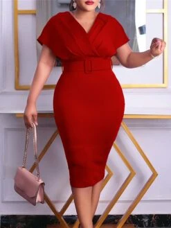 Women‘s Plus Size Curve Easter Dress Work Dress Solid Color V Neck Short Sleeve Spring Dress Fall Work Formal Knee Length Dress Date Vacation Dress -HAYz Clothing Shop cnnbkd1661334435439