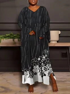 Women's Plus Size Curve Casual Dress Sweatshirt Dress Winter Dress Floral Gradient Long Dress Maxi Dress Long Sleeve Split Print V Neck Fashion Outdoor Black White Fall Winter L XL XXL 3XL 4XL -HAYz Clothing Shop cnogqz1693387361590