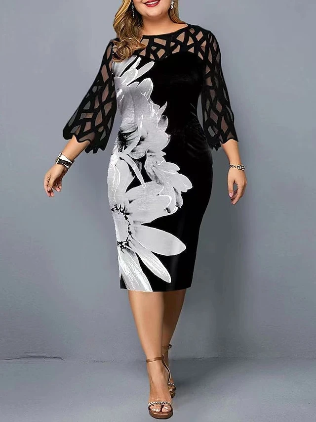 Women‘s Plus Size Curve Party Dress Print Crew Neck 3/4 Length Sleeve Spring Fall Work Casual Prom Dress Midi Dress Casual Daily Dress 2 Women‘s Plus Size Curve Party Dress Print Crew Neck 3/4 Length Sleeve Spring Fall Work Casual Prom Dress Midi Dress Casual Daily Dress - Image 2