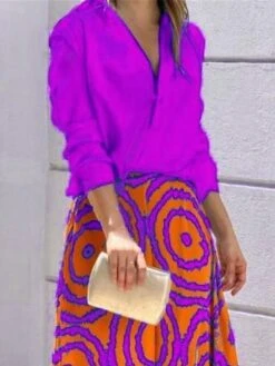 Women's Two Piece Dress Set Casual Dress Skirt Set Outdoor Daily Streetwear Modern Print Long Dress Maxi Dress Shirt Collar Long Sleeve Geometric Color Block Loose Fit Purple Fall Winter S M L XL XXL -HAYz Clothing Shop cnvves1694426814572