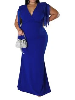 Women‘s Plus Size Curve Party Dress Solid Color V Neck Tassel Fringe Sleeveless Spring Summer Formal Maxi Long Dress Party Date Dress -HAYz Clothing Shop cnvypt1659936868324