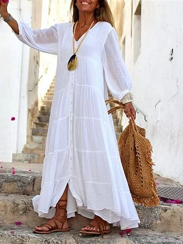 Women's Long Dress Maxi Dress Casual Dress Shift Dress Swing Dress Pure Color Basic Casual Outdoor Daily Weekend Button Long Sleeve V Neck Dress Loose Fit White Yellow Blue Fall Spring S M L XL 1 Women's Long Dress Maxi Dress Casual Dress Shift Dress Swing Dress Pure Color Basic Casual Outdoor Daily Weekend Button Long Sleeve V Neck Dress Loose Fit White Yellow Blue Fall Spring S M L XL
