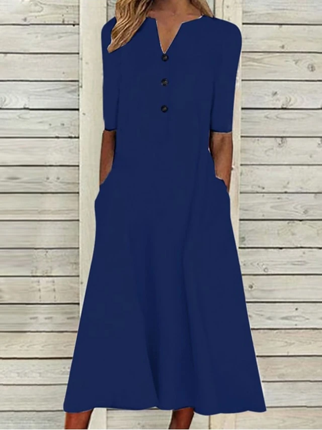 Women's Casual Dress Cotton Linen Dress A Line Dress Midi Dress Polyester Fashion Casual Outdoor Daily Vacation V Neck Button Pocket Short Sleeve Summer Spring 2023 Loose Fit Black White Navy Blue 4 Women's Casual Dress Cotton Linen Dress A Line Dress Midi Dress Polyester Fashion Casual Outdoor Daily Vacation V Neck Button Pocket Short Sleeve Summer Spring 2023 Loose Fit Black White Navy Blue - Image 4