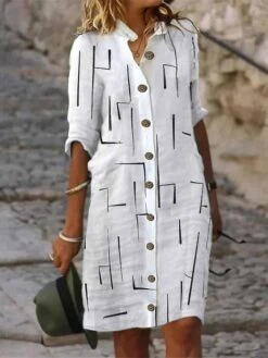 Women's Shirt Dress Casual Dress Shift Dress Midi Dress Outdoor Daily Vacation Polyester Fashion Basic Shirt Collar Button Print Half Sleeve Summer Spring Fall 2023 Loose Fit White Geometric S M L XL