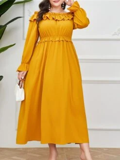 Women's Plus Size Prom Dress Party Dress Wedding Guest Dress Long Dress Maxi Dress Yellow Long Sleeve Pure Color Ruffle Fall Winter Autumn Off Shoulder Fashion Winter Dress Evening Party Wedding Guest -HAYz Clothing Shop coyqcq1693535308497
