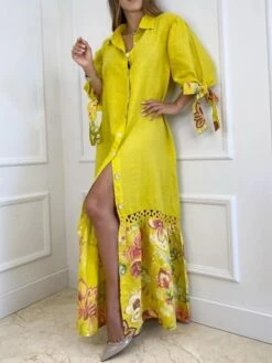 Women's Shirt Dress Casual Dress Shift Dress Long Dress Maxi Dress White Yellow Pink 3/4 Length Sleeve Floral Split Summer Spring Shirt Collar Fashion Loose Fit 2023 S M L XL 2XL 3XL 4XL -HAYz Clothing Shop cpkclf1672050942553