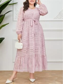 Women's Plus Size Prom Dress Party Dress Wedding Guest Dress Long Dress Maxi Dress Pink Long Sleeve Pure Color Lace Up Fall Winter Autumn Crew Neck Fashion Winter Dress Evening Party Wedding Guest -HAYz Clothing Shop cpmmdn1693535314671