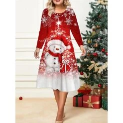 Women's Christmas Plus Size Curve Casual Dress Skater Dress A Line Dress Snowman Snowflake Midi Dress Long Sleeve Print Crew Neck Fashion Outdoor Black White Fall Winter L XL XXL 3XL 4XL