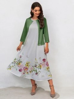Women's Two Piece Dress Set Casual Dress Swing Dress Outdoor Office Fashion Streetwear Print Midi Dress Crew Neck 3/4 Length Sleeve Floral Regular Fit Pink Green Gray Fall Winter S M L XL XXL -HAYz Clothing Shop cpqvip1697770544939