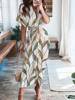 Women's Shirt Dress Sheath Dress Midi Dress Daily Vacation Polyester Fashion Formal V Neck Tie Belt Print Short Sleeve Summer Spring 2023 Regular Fit White Leaf S M L XL 2XL