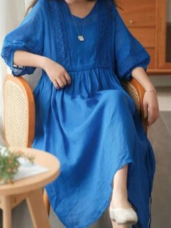 Women's Casual Dress Cotton Linen Dress Midi Dress Linen / Cotton Blend Basic Classic Outdoor Daily Vacation V Neck Lace Up 3/4 Length Sleeve Fall Autumn 2023 Loose Fit Black White Yellow Plain M L -HAYz Clothing Shop cqefny1693203398312