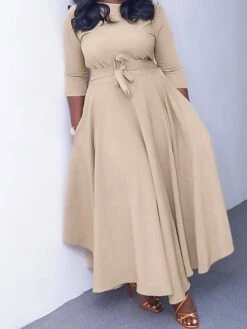 Women‘s Plus Size Curve Casual Dress Swing Dress Solid Color Long Dress Maxi Dress 3/4 Length Sleeve Lace Up Pocket Crew Neck Fashion Daily Yellow Red Spring Summer L XL XXL 3XL -HAYz Clothing Shop cqgvut1672817540582