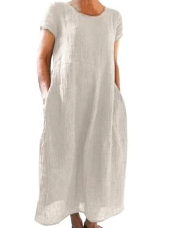 Women's Casual Dress Cotton Linen Dress Shift Dress Maxi Long Dress Cotton Blend Basic Casual Outdoor Daily Vacation Crew Neck Pocket Short Sleeve Summer Spring 2023 Loose Fit Black White Yellow Plain