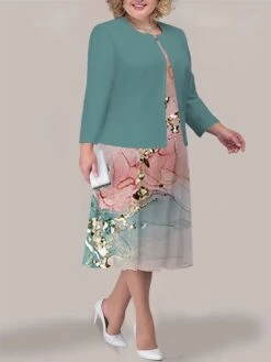 Women's Plus Size Curve Two Piece Dress Set Casual Dress Swing Dress Outdoor Office Fashion Streetwear Print Midi Dress Crew Neck Long Sleeve Ombre Marble Print Pink Dark Pink Royal Blue Fall -HAYz Clothing Shop cqjkfv1692942156216