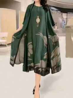 Women's Two Piece Dress Set Casual Dress Swing Dress Daily Holiday Fashion Casual Print Long Dress Maxi Dress Crew Neck 3/4 Length Sleeve Leaf Floral Loose Fit Yellow Red Dark Green Summer Spring M L
