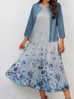 Women's Two Piece Dress Set Casual Dress Swing Dress Outdoor Office Fashion Streetwear Print Midi Dress Crew Neck 3/4 Length Sleeve Floral Regular Fit Navy Blue Royal Blue Blue Fall Winter S M L XL -HAYz Clothing Shop cquucs1697770550202