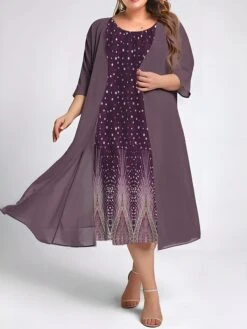 Women's Plus Size Two Piece Dress Set Casual Dress Swing Dress Outdoor Daily Fashion Elegant Print Midi Dress Crew Neck 3/4 Length Sleeve Floral Dandelion Loose Fit Navy Blue Blue Purple Fall Winter