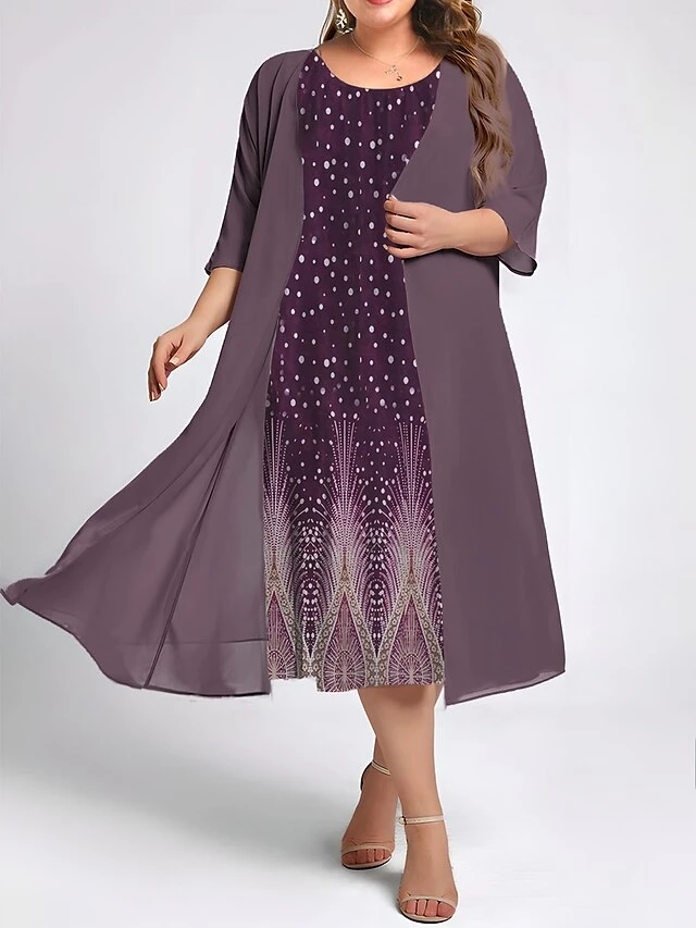 Women's Plus Size Two Piece Dress Set Casual Dress Swing Dress Outdoor Daily Fashion Elegant Print Midi Dress Crew Neck 3/4 Length Sleeve Floral Dandelion Loose Fit Navy Blue Blue Purple Fall Winter 1 Women's Plus Size Two Piece Dress Set Casual Dress Swing Dress Outdoor Daily Fashion Elegant Print Midi Dress Crew Neck 3/4 Length Sleeve Floral Dandelion Loose Fit Navy Blue Blue Purple Fall Winter