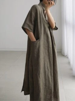 Women's Casual Dress Cotton Linen Dress Swing Dress Maxi Long Dress Cotton Blend Basic Casual Outdoor Daily V Neck Pocket 3/4 Length Sleeve Summer Spring Fall 2023 Loose Fit Blue Green Apricot Plain -HAYz Clothing Shop crdfhq1679554394459