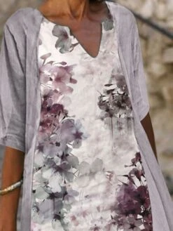 Women's Dress Set Two Piece Dress A Line Dress Midi Dress Light Blue Gray Half Sleeve Floral Print Summer Spring V Neck Elegant 2023 S M L XL XXL 3XL -HAYz Clothing Shop crfeba1653363831728