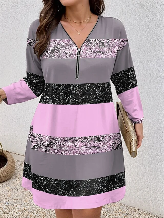 Women's Plus Size Curve Casual Dress Winter Dress Stripe Mini Dress Long Sleeve Print V Neck Fashion Outdoor Pink Blue Fall Winter L XL 2XL 3XL 4XL 2 Women's Plus Size Curve Casual Dress Winter Dress Stripe Mini Dress Long Sleeve Print V Neck Fashion Outdoor Pink Blue Fall Winter L XL 2XL 3XL 4XL - Image 2