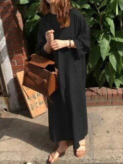 Women's Casual Dress Cotton Linen Dress Shift Dress Midi Dress Linen / Cotton Blend Fashion Classic Outdoor Daily Vacation Crew Neck Pocket Long Sleeve Fall Winter Autumn 2023 Loose Fit Black Yellow -HAYz Clothing Shop crtctj1693475180744