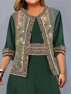 Women‘s Plus Size Curve Casual Dress Dress Set Two Piece Dress Floral Long Dress Maxi Dress 3/4 Length Sleeve Print Crew Neck Fashion Daily Green Summer Spring L XL XXL 3XL 4XL -HAYz Clothing Shop crtdih1680512779218