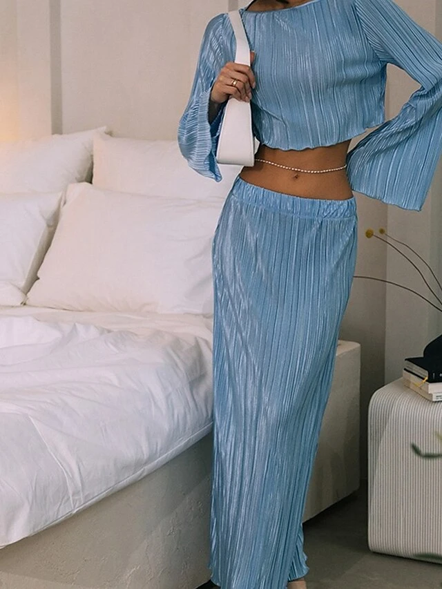 Women's Two Piece Dress Set Casual Dress Skirt Set Outdoor Daily Fashion Streetwear Pleated Midi Dress Crew Neck Long Sleeve Plain Regular Fit Blue Green Rose Red Fall Winter S M L 4 Women's Two Piece Dress Set Casual Dress Skirt Set Outdoor Daily Fashion Streetwear Pleated Midi Dress Crew Neck Long Sleeve Plain Regular Fit Blue Green Rose Red Fall Winter S M L - Image 4