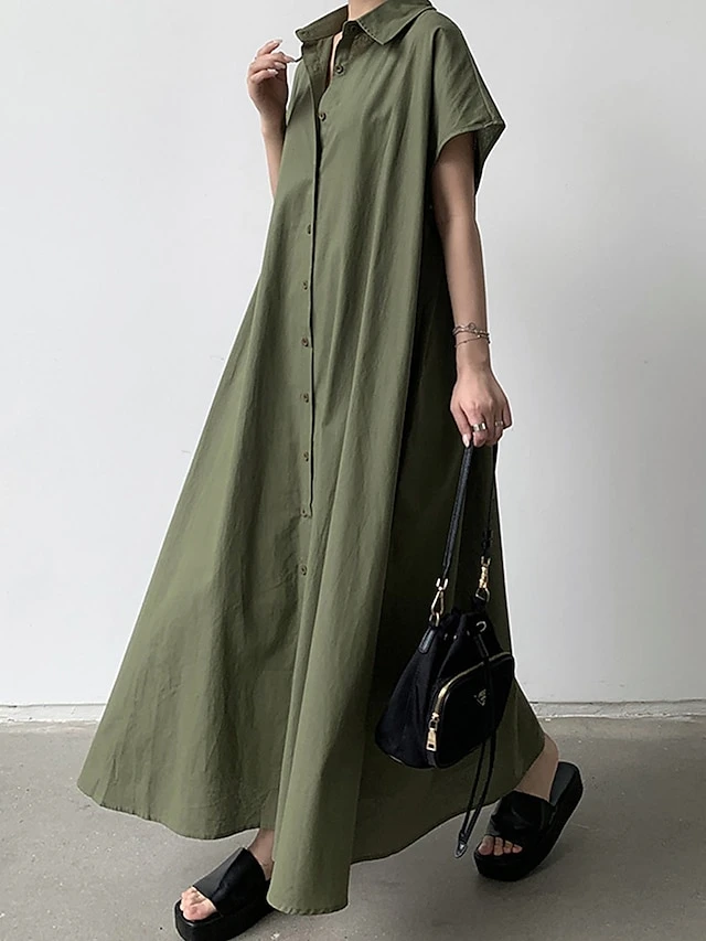 Women's Shirt Dress Casual Dress Maxi Long Dress Outdoor Daily Cotton Linen Basic Classic Shirt Collar Button Short Sleeve Summer Spring 2023 Loose Fit Navy Blue Brown Green Pure Color S M L XL XXL 6 Women's Shirt Dress Casual Dress Maxi Long Dress Outdoor Daily Cotton Linen Basic Classic Shirt Collar Button Short Sleeve Summer Spring 2023 Loose Fit Navy Blue Brown Green Pure Color S M L XL XXL - Image 6