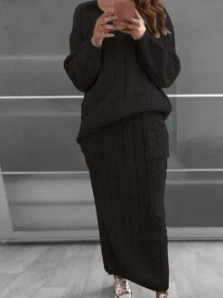 Women's Two Piece Dress Set Casual Dress Skirt Set Daily Holiday Fashion Streetwear Pocket Ribbed Long Dress Maxi Dress Crew Neck Long Sleeve Plain Loose Fit Black Yellow Wine Fall Winter S M L XL XXL -HAYz Clothing Shop csvvpk1694165728860