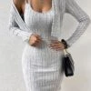Women's Two Piece Dress Set Casual Dress Sweater Dress Outdoor Daily Fashion Ethnic Ribbed Mini Dress Strap Short Sleeve Plain Regular Fit Gray Fall Winter S M L XL