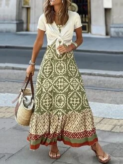 Women's Two Piece Dress Set Casual Dress Dress Set Outdoor Daily Fashion Ethnic Lace Up Ruffle Long Dress Maxi Dress Crew Neck Short Sleeve Floral Tribal Regular Fit Green Summer Spring S M L XL XXL