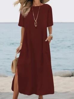 Women's Casual Dress Cotton Linen Dress Shift Dress Midi Dress Linen / Cotton Blend Basic Modern Outdoor Daily Weekend Crew Neck Pocket Split Half Sleeve Summer Spring Fall 2023 Loose Fit ArmyGreen -HAYz Clothing Shop ctkjpn1690364149425