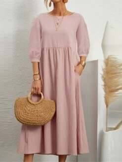 Women's Casual Dress Cotton Linen Dress Swing Dress Midi Dress White Pink Brown Half Sleeve Pure Color Ruched Fall Winter Autumn Crew Neck Casual Loose Fit 2023 S M L XL XXL -HAYz Clothing Shop ctkoge1651741072523
