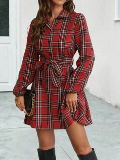 Women's Shirt Dress Casual Dress Mini Dress Outdoor Daily Date Polyester Fashion Casual Shirt Collar Lace Up Button Long Sleeve Spring Fall Winter 2023 Loose Fit Black Red Plaid S M L XL -HAYz Clothing Shop ctudgt1697526680677