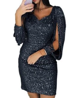 Women‘s Plus Size Curve Party Dress Solid Color V Neck Sequins Long Sleeve Fall Spring Formal Casual Sequins Short Mini Dress Casual Daily Dress Cotton Sequin Dress Homecoming Dress -HAYz Clothing Shop ctwstd1645172205276