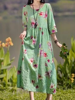 Women's Casual Dress Cotton Linen Dress Swing Dress Midi Dress Linen / Cotton Blend Sweet Style Modern Outdoor Daily Holiday Crew Neck Print 3/4 Length Sleeve Fall Winter Autumn 2023 Loose Fit Yellow -HAYz Clothing Shop cucpfk1693553157500