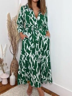 Women's Shirt Dress Casual Dress Midi Dress Outdoor Daily Vacation Polyester Fashion Modern Shirt Collar Button Pocket 3/4 Length Sleeve Summer Spring Fall 2023 Regular Fit Navy Blue Green Leaf Floral