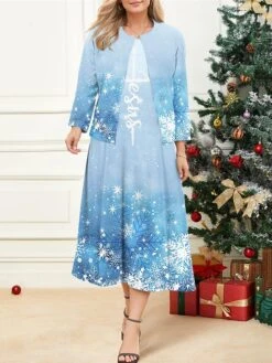 Women's Plus Size Curve Christmas Dress Casual Dress Dress Set Snowflake Midi Dress Long Sleeve Print Crew Neck Fashion Outdoor Blue Fall Winter L XL XXL 3XL 4XL