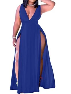 Women‘s Plus Size Curve Holiday Dress Solid Color V Neck Ruched Sleeveless Spring Summer Prom Dress Maxi Long Dress Daily Holiday Dress Split
