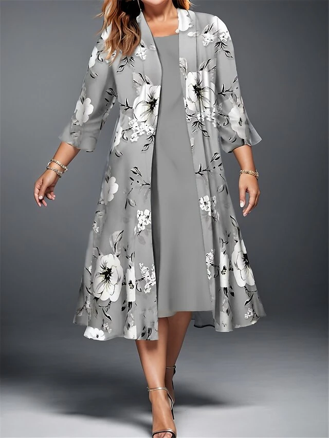 Women's Plus Size Curve Casual Dress Dress Set Two Piece Dress Floral Midi Dress 3/4 Length Sleeve Print Crew Neck Fashion Outdoor Pink Wine Fall Winter L XL XXL 3XL 4XL 1 Women's Plus Size Curve Casual Dress Dress Set Two Piece Dress Floral Midi Dress 3/4 Length Sleeve Print Crew Neck Fashion Outdoor Pink Wine Fall Winter L XL XXL 3XL 4XL