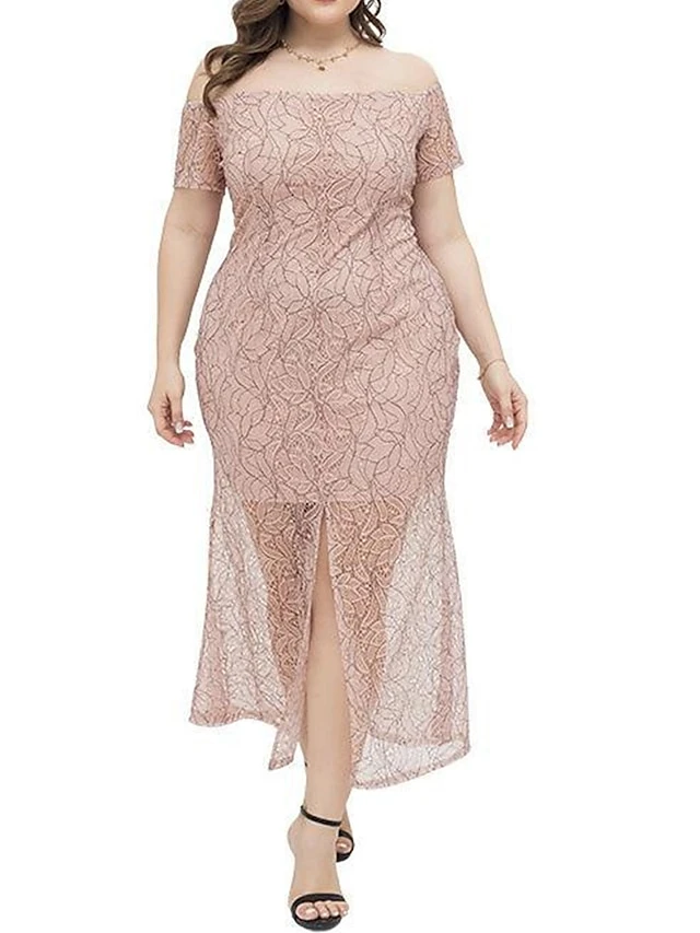 Women's Plus Size Prom Dress Party Dress Lace Dress Long Dress Maxi Dress Pink Short Sleeve Pure Color Lace Summer Spring Fall Off Shoulder Fashion Wedding Guest Birthday Evening Party 2023 XL XXL 1 Women's Plus Size Prom Dress Party Dress Lace Dress Long Dress Maxi Dress Pink Short Sleeve Pure Color Lace Summer Spring Fall Off Shoulder Fashion Wedding Guest Birthday Evening Party 2023 XL XXL