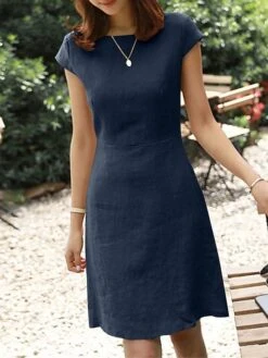 Women's Casual Dress Cotton Linen Dress A Line Dress Midi Dress Cotton Blend Casual Outdoor Vacation Crew Neck Zipper Short Sleeve Summer Spring 2023 Regular Fit ArmyGreen Light Green Pink Plain S M -HAYz Clothing Shop cvjhpk1683797307565
