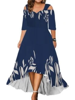 Women‘s Plus Size Curve Party Dress Wedding Guest Dress Swing Dress Long Dress Maxi Dress Pink Blue Green 3/4 Length Sleeve Leaf Cold Shoulder Summer Spring Fall V Neck Fashion Birthday Wedding Guest -HAYz Clothing Shop cvwpsb1690280984176
