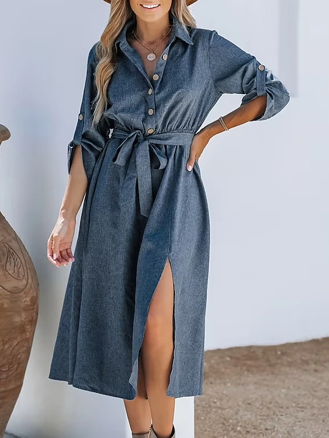 Women's Shirt Dress Casual Dress Midi Dress Outdoor Daily Date Polyester Basic Classic Shirt Collar Lace Up Button Long Sleeve Spring Fall Winter 2023 Loose Fit Navy Blue Pure Color S M L XL 2 Women's Shirt Dress Casual Dress Midi Dress Outdoor Daily Date Polyester Basic Classic Shirt Collar Lace Up Button Long Sleeve Spring Fall Winter 2023 Loose Fit Navy Blue Pure Color S M L XL - Image 2