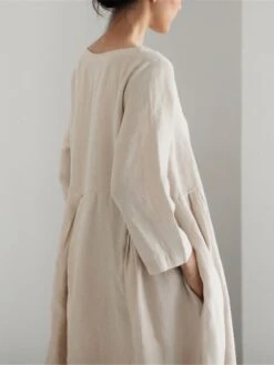 Women's Cotton Linen Dress Casual Dress Swing Dress Maxi Long Dress Cotton Blend Basic Classic Outdoor Daily Crew Neck Pocket Smocked Long Sleeve Summer Spring Fall 2023 Loose Fit Black Yellow Green -HAYz Clothing Shop cwetgo1673850089351