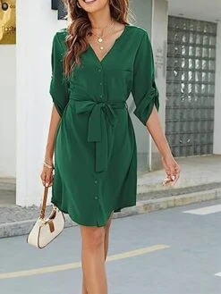 Women's Shirt Dress Casual Dress Work Dress Mini Dress Office Business Daily Polyester Fashion Classic V Neck Button Rolled Cuff 3/4 Length Sleeve Summer Spring Fall 2023 Regular Fit Green Plain S-3XL 5 Women's Shirt Dress Casual Dress Work Dress Mini Dress Office Business Daily Polyester Fashion Classic V Neck Button Rolled Cuff 3/4 Length Sleeve Summer Spring Fall 2023 Regular Fit Green Plain S-3XL -HAYz Clothing Shop cwgrsk1688541867982
