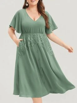 Women's Plus Size Curve Party Dress Cocktail Dress Wedding Guest Dress Midi Dress Green Short Sleeve Pure Color Lace Summer Spring Fall V Neck Fashion Birthday Wedding Guest Vacation XL XXL 3XL 4XL -HAYz Clothing Shop cwkjdx1692165861637